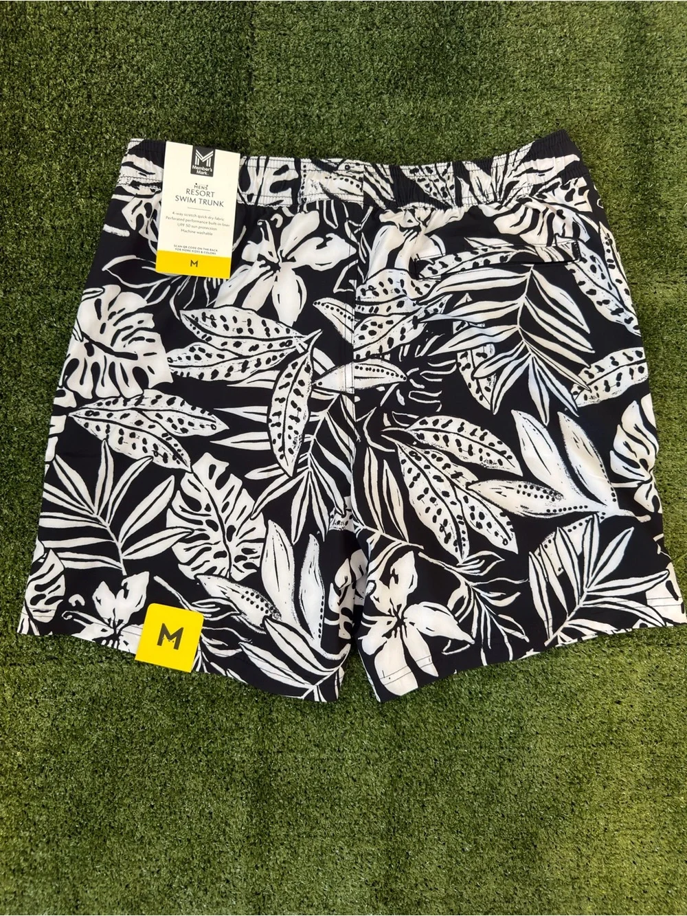 Men's Black & White Tropical Print Swim Board Shorts